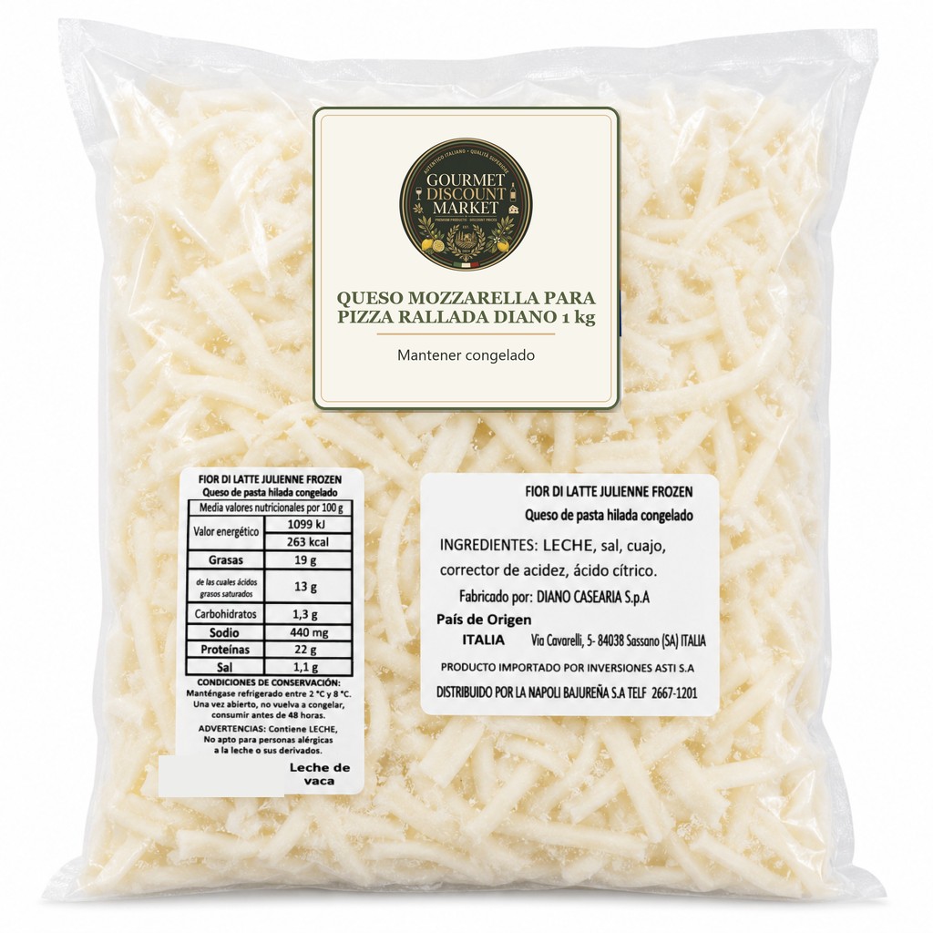 Queso Mozzarella P/Pizza Importado Rallada 1 KG Diano